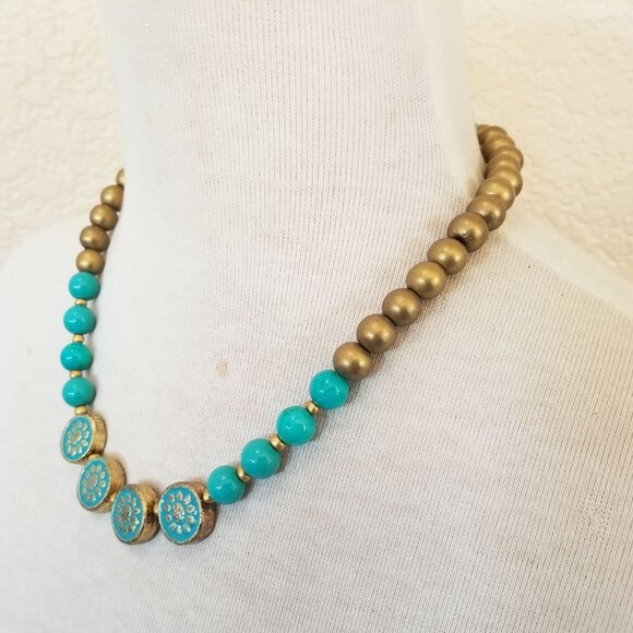 Turquoise Blue Gold Sunflower Metallic Statement Necklace - Picture 2 of 3